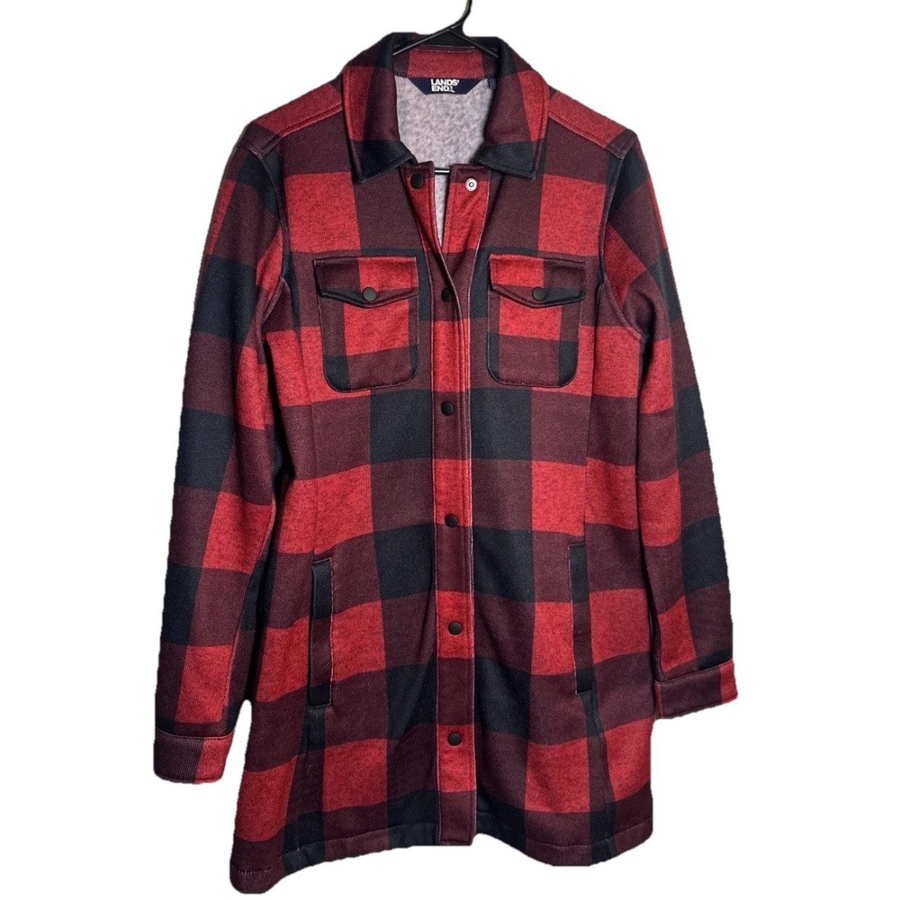 Lands' End Women's Red Black Buffalo Plaid Fleece‎ Shirt Jacket Snap Front Small